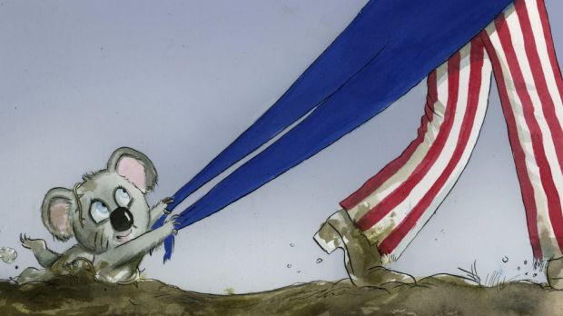 Cartoon Aust Dragged by Uncle Sam